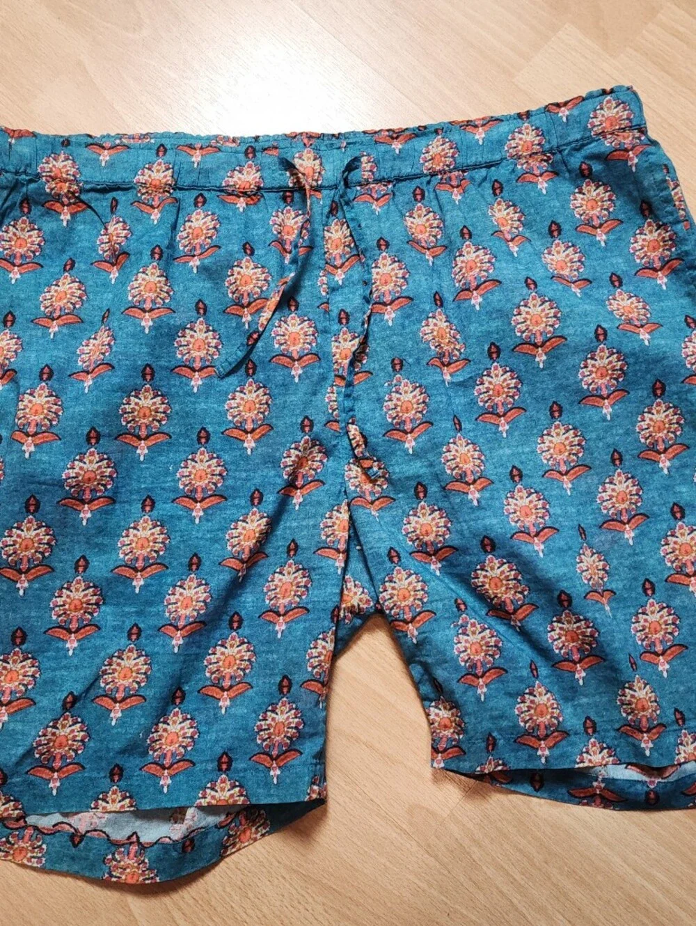 Sundance 100% Cotton Lightweight Pull On Drawstring Shorts Blue Pattern Large